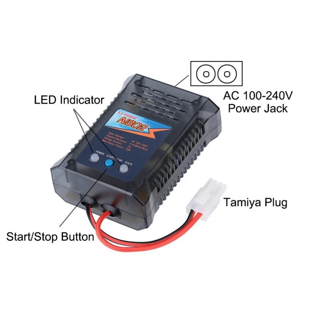 N802 2A Fast Charger for NiMh/NiCad Batteries 6v - 9.6v with Tamiya Plug