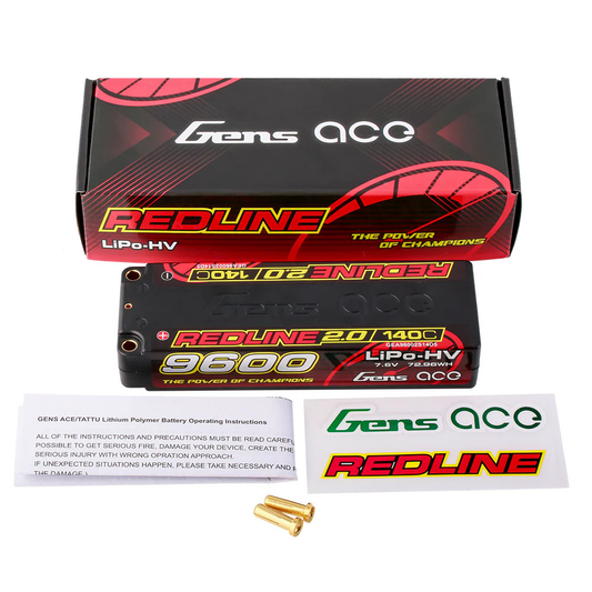 Gens Ace Redline 2.0 2S 7.6V 9600mAh 140C HV Li-Po Hard Case Battery w/ 5mm Bullet Connectors